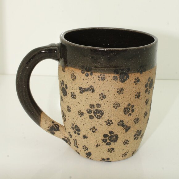 Dog Lovers Mug Dark Brown Tan Paw Print Bones Handmade Pottery Stoneware Mug Cup - Picture 5 of 8
